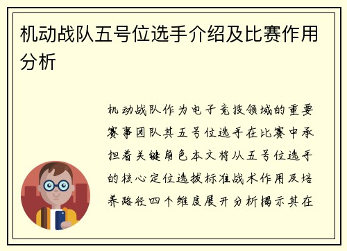机动战队五号位选手介绍及比赛作用分析